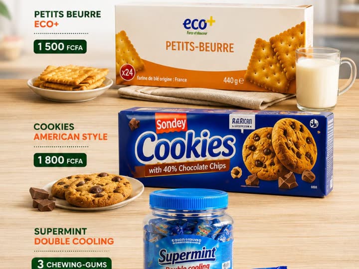 Petits-beurre eco+, cookies Sondey et chewing-gums Supermint du nouvel arrivage HAPPY UP
